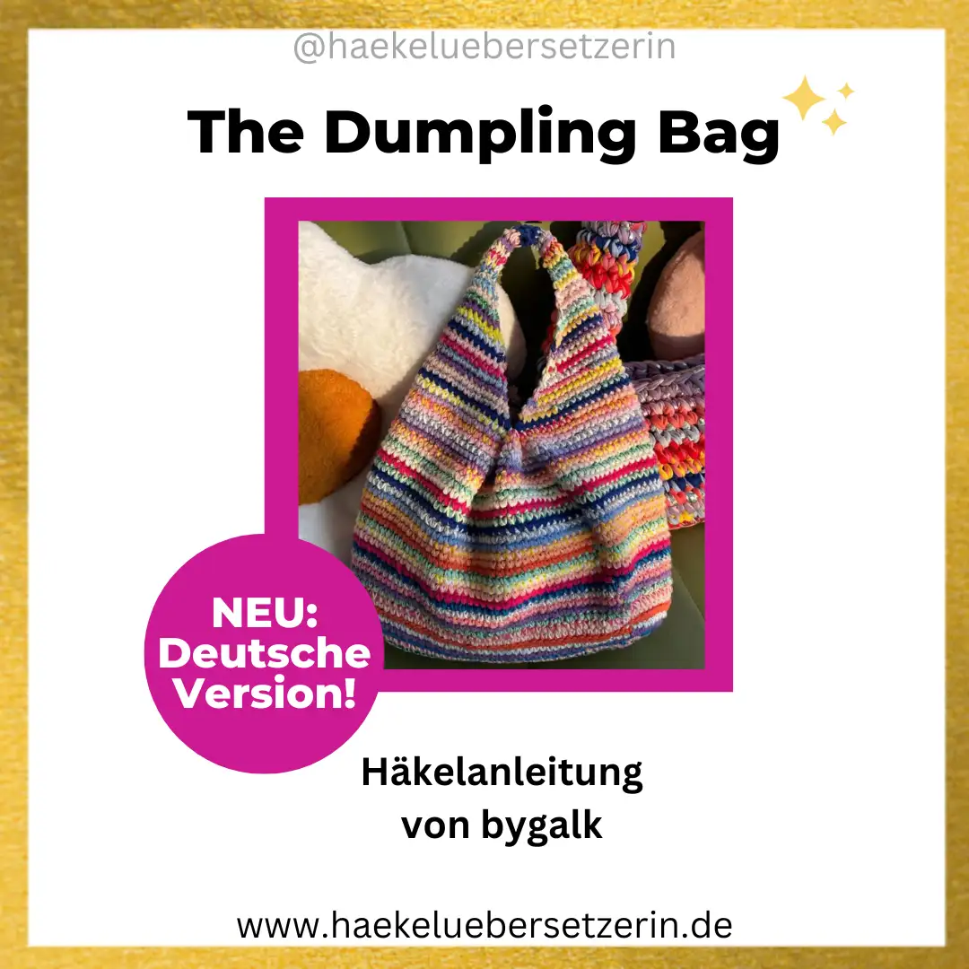 Ein Bild, das die Dumpling Bag Handtasche Häkelanleitung von Bygalk zeigt.